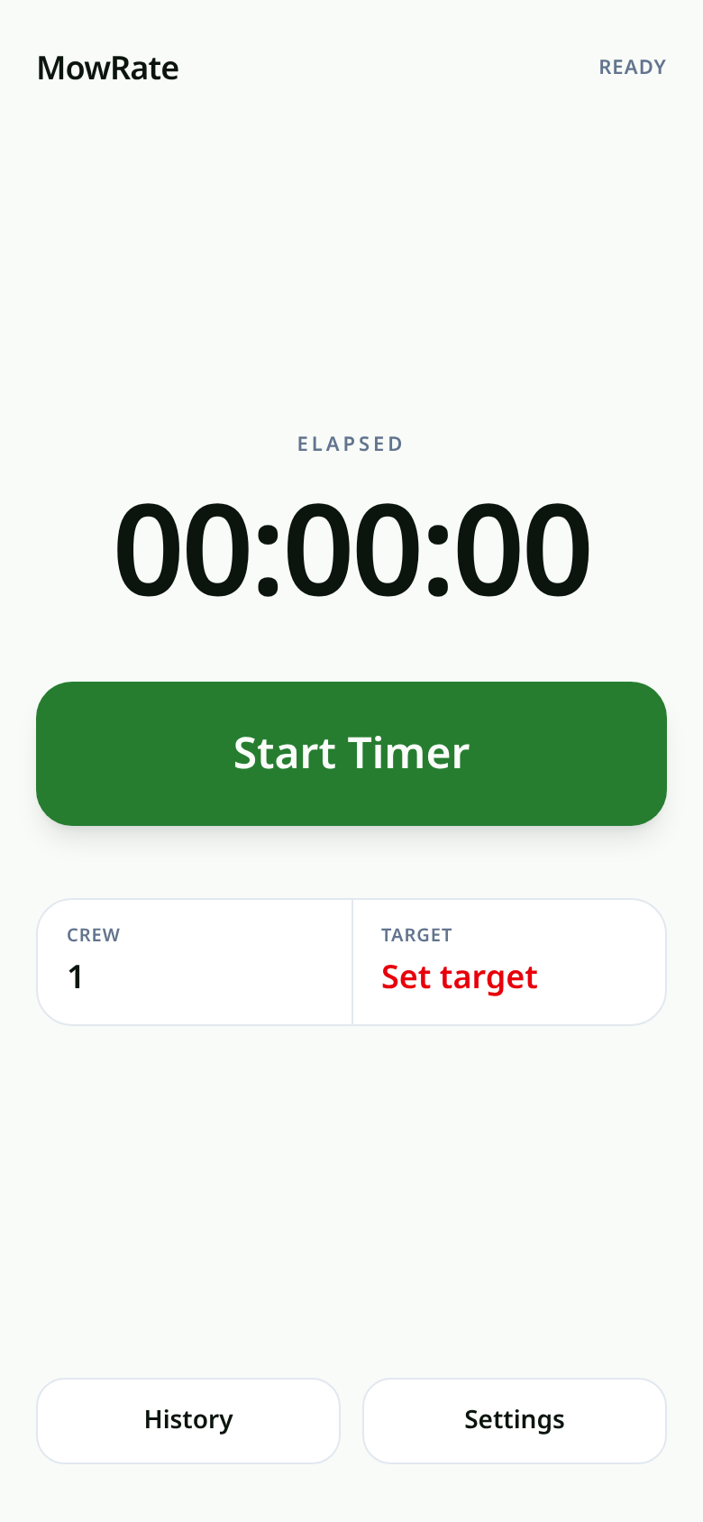 MowRate home screen with the job timer ready to start