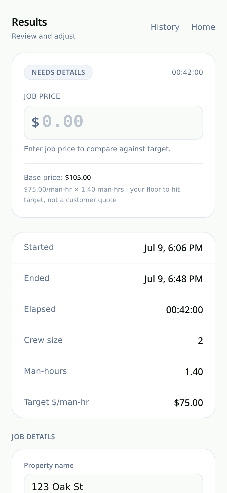 MowRate results screen with crew size, elapsed time, and target inputs