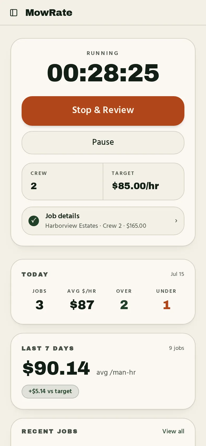 MowRate home screen with the job timer ready to start